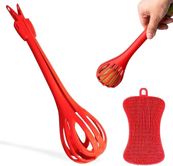 Multifunctional Egg Beater, Manual Egg Red Whisk, Kitchen Egg Beater, Tongs, Kitchen gadgets for Noodles, Spaghetti with Red Silicone Sponge dish scrubber.