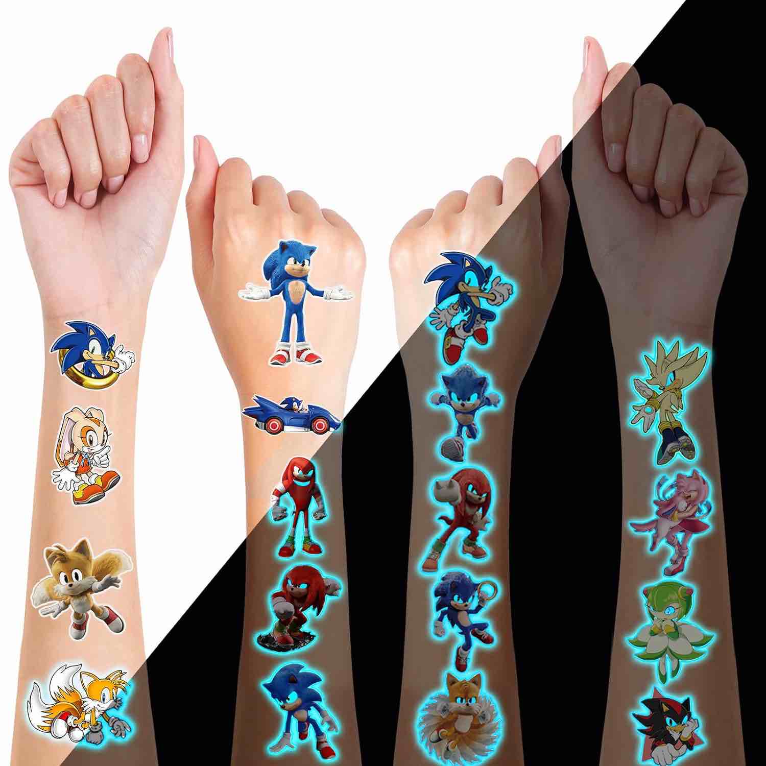 168Pcs Luminous Hedgehog Temporary Waterproof Tattoos for Kids, Hedgehog Birthday Party Supplies, Cartoon Anime Fake Tattoos Stickers Party Favors for Kids Boys Girls Party Decor (12 Sheets)