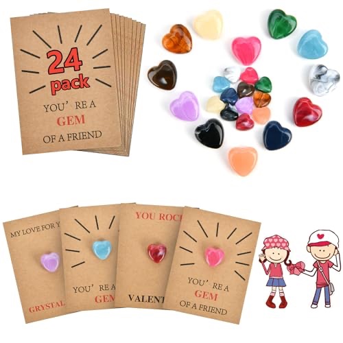 24Pcs Valentines Cards with Heart-Shape Crystals, Valentines Day Gifts for Kids,Funny Birthday Gifts for Boys Girls Toddler School Class Classroom Party Favor