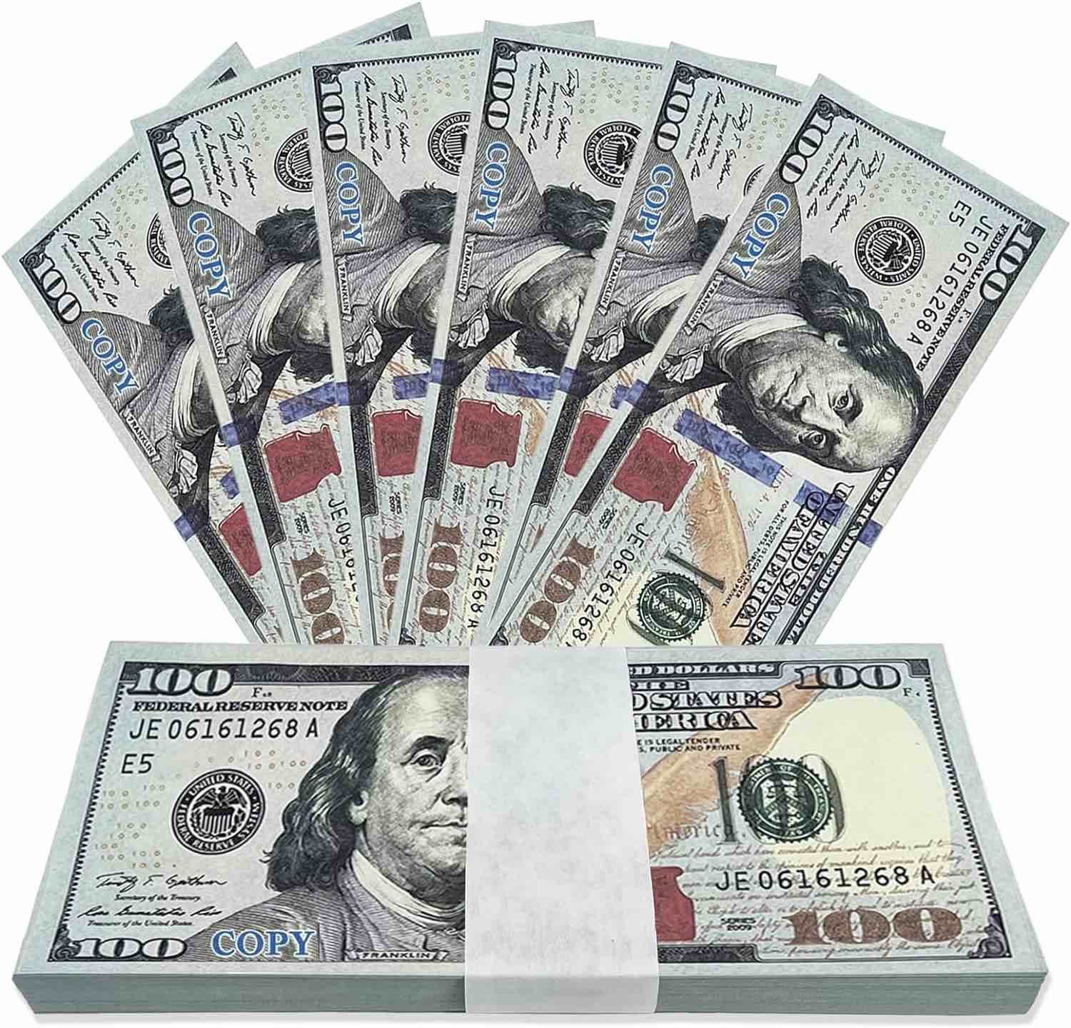 Berkshiled Prop Money 100 Dollar Bills Realistic? Play Money One Stack 100 Pcs for Movie Props, Kids and Party, Fake Dollar Pranks for Adults (Full Print 2 Sided Imitation)