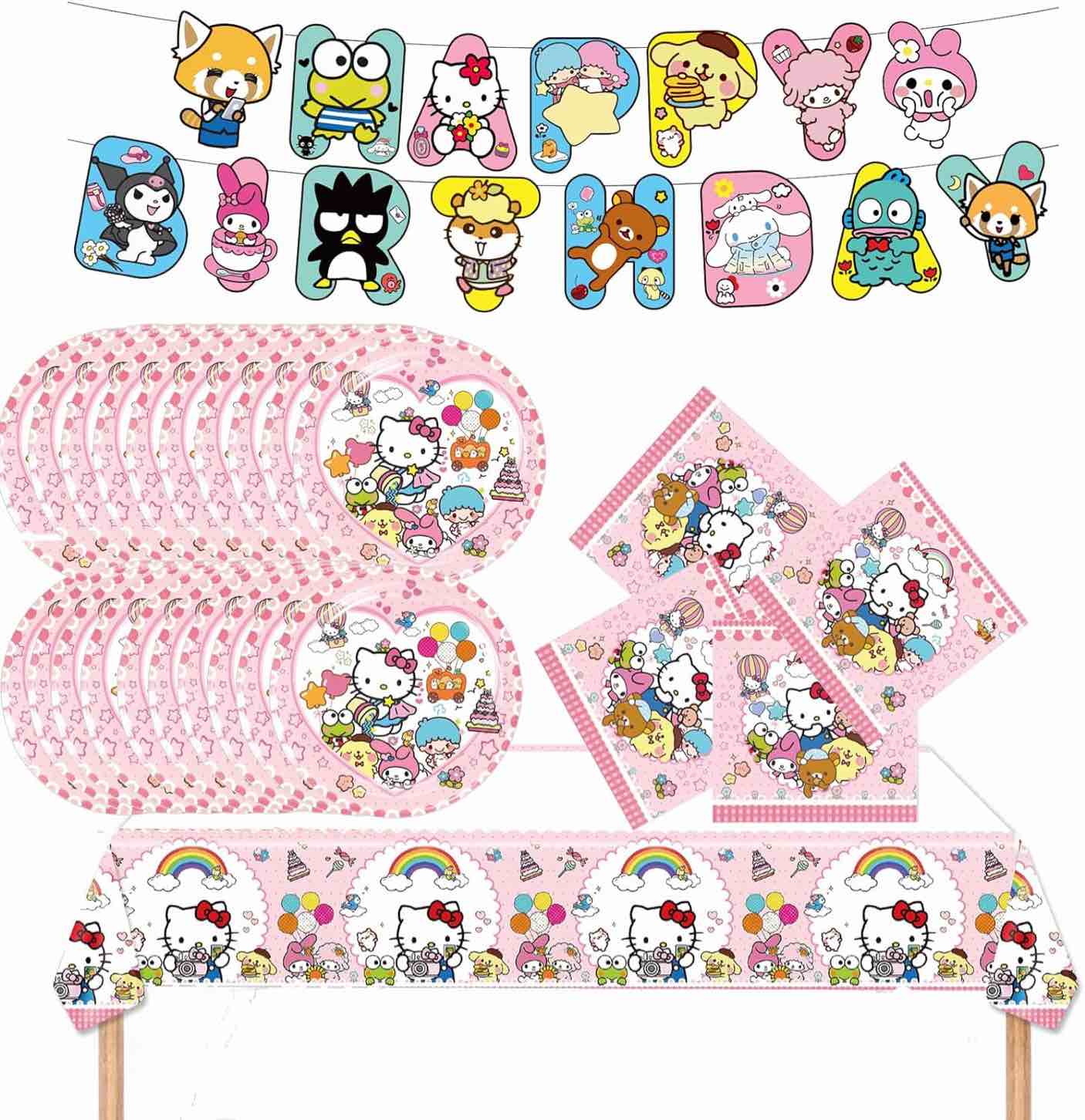 Keroppi, Kitty, Melody Birthday Party Supplies, Kawaii Sanro Party Tableware with Happy Birthday Banner, Tablecloth, Disposable Paper Plates with Napkins for Kids Party Decorations Serves 20 Guests