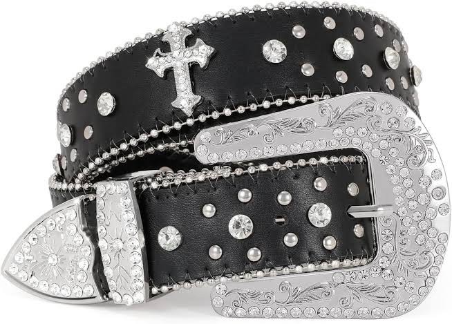 Women Men Rhinestone Belt,Fashion Western Cowgirl Cowboy Bling Studded Design Leather Belt Diamond Belt for Jeans, D-black (Hand-cross), Suit pant size 39"-43"