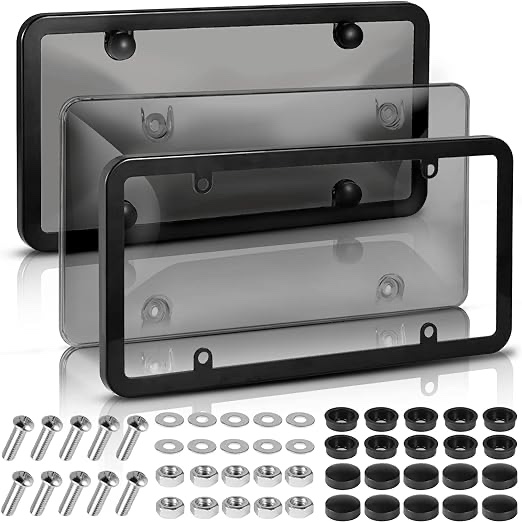 License Plate Frame Cover- Flower Black Plastic License Plate Frame and Smoked Flat License Plate Shield with License Plate Mounting Hardware