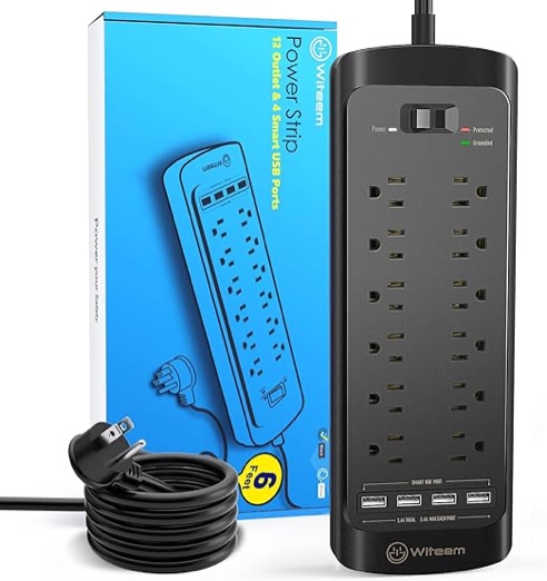 Witeem Power Strip(4360 Joules), 6 Ft Extension Cord Eleclusive Smart Surge Protector with 12-Outlets & 4-USB Ports, Fast Charging Circuit Compact for Home, Office and More(1875W/15A)