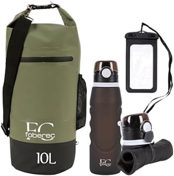 FOBEREC- camping essentials gear Waterproof Dry Bag - Backpack for Kayaking, Beach, Rafting, Boating, Hiking, Camping and Fishing. lightweight .with Waterproof Phone Case,1L silicone water bottle (GREEN/BLACK, 10L)