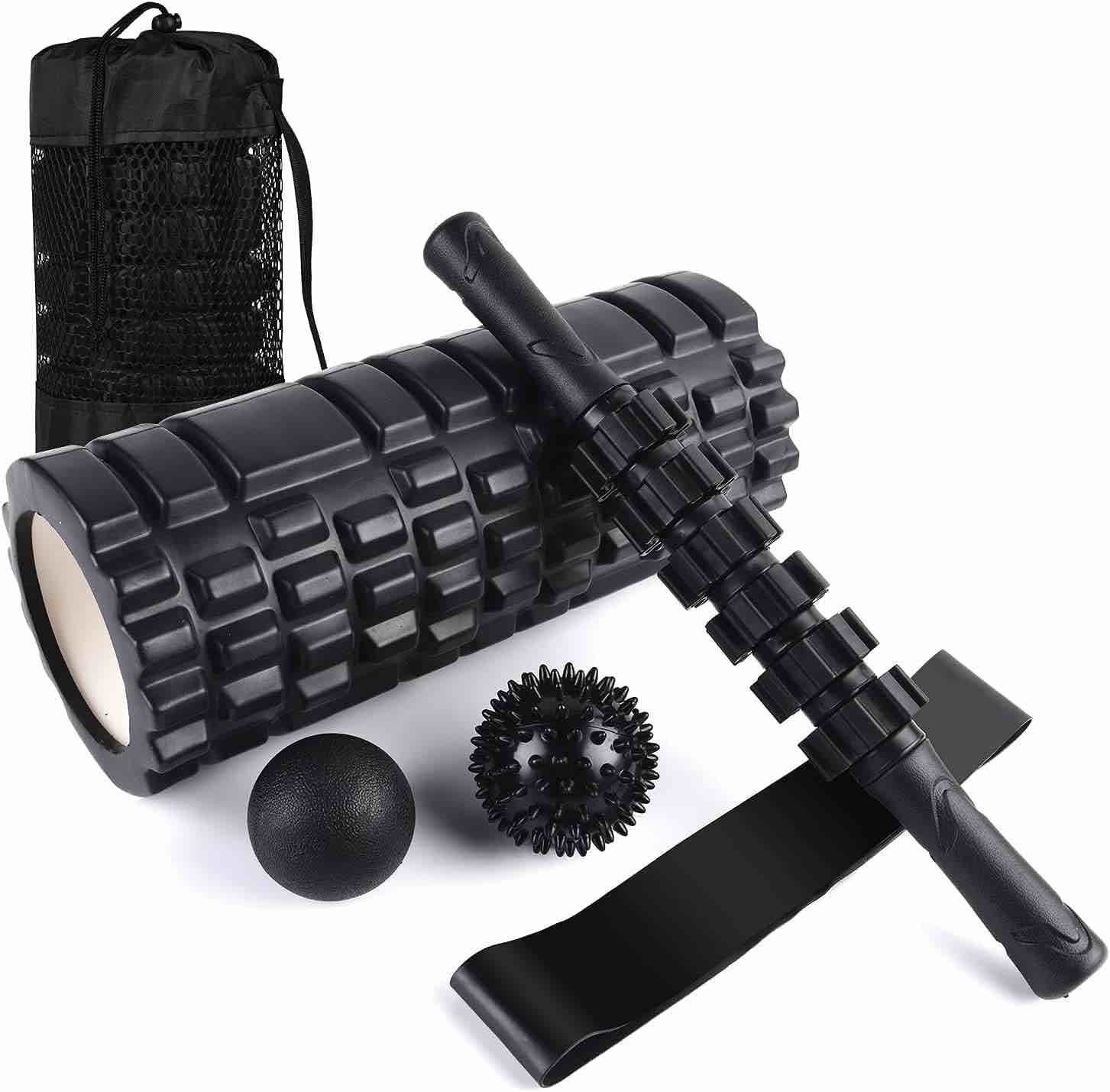 6 in 1 Foam Roller Set Includes Hollow Core Massage Roller, Yoga Stick, Massage Ball, Fitness Stretching Strap, Carrying Bag, Towel, Massage Roller (Black)