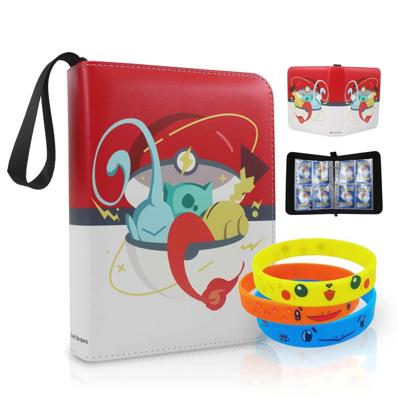 Quest Binders Trading Card Binder Fits 480 Cards – 4 Pocket Trading Card Storage Pocket Portable Card Collector Album Holder Carrying Case for TCG With 3 Bracelets (White & Red, 480 Pockets)