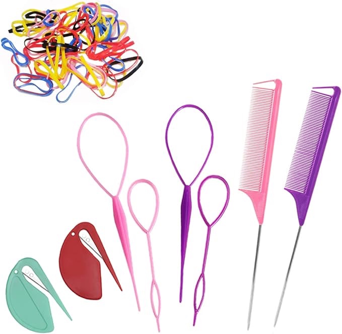 Topsy Tail Hair Tools, 208pcs Hair Styling Tools for Girls, 2pcs Rat Tail Comb 4pcs French Braiding Tool Hair Loop Styling Tool 2pcs Elastic Hair Rubber Bands Cutter, 200 Colored Children Rubber Bands for Children Gir