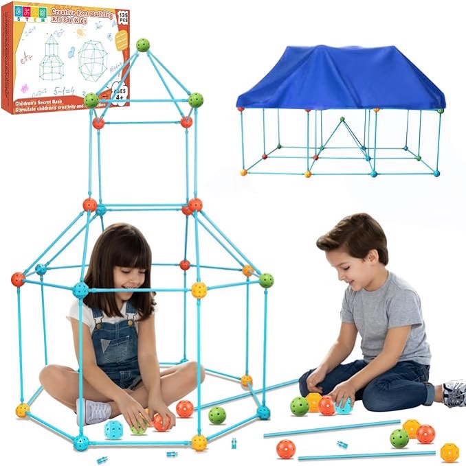Kids Fort Building Kit, 135 PCS DIY STEM Construction Toys for 4-8,8-12+ Years Old Boys & Girls, Creative Construction Toys Fun Forts Builder Indoor/Outdoor Play Tent Castle Tunnels Tower Rocket