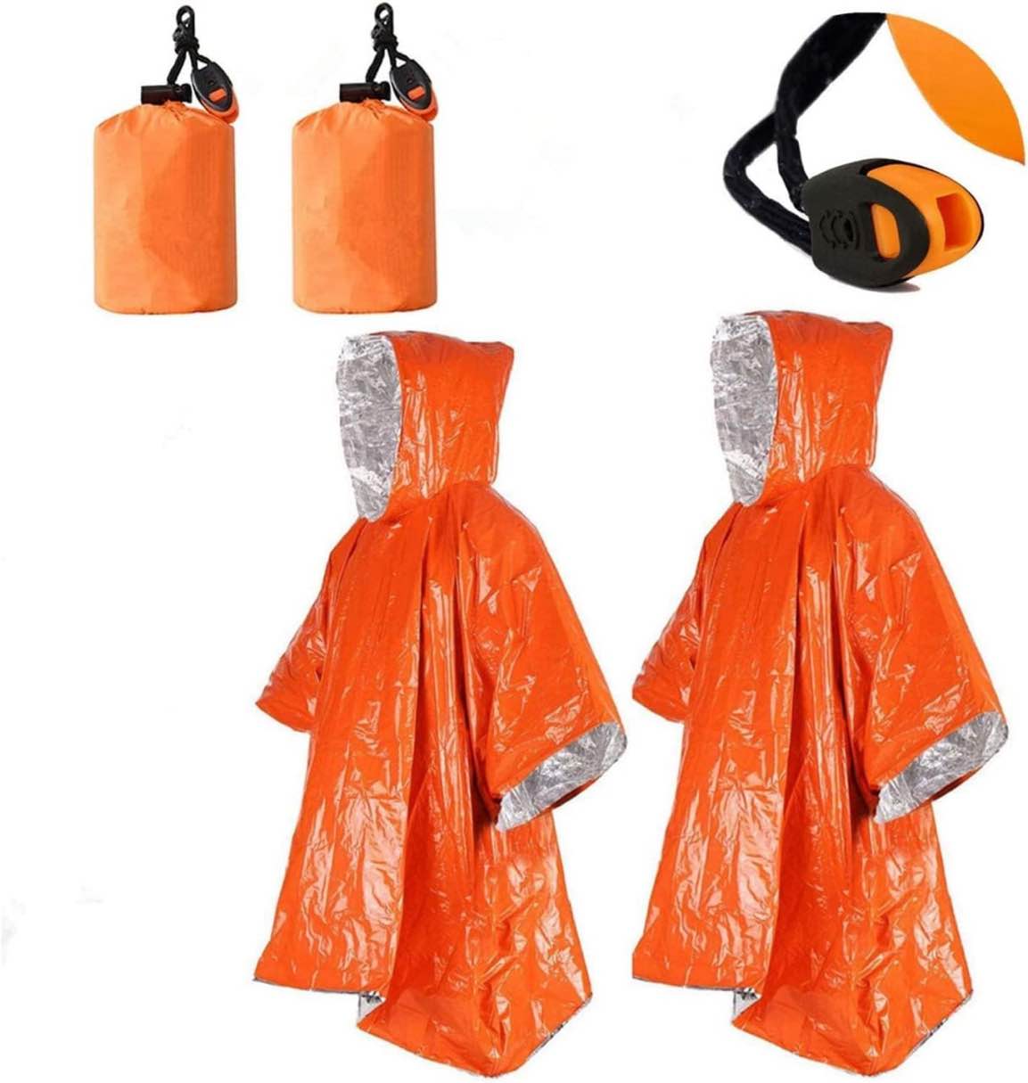 Emergency Blanket Poncho, 2pcs Ultralight Waterproof Thermal Survival Space Blanket Ponchos for Camping Hiking Outdoor (Orange)