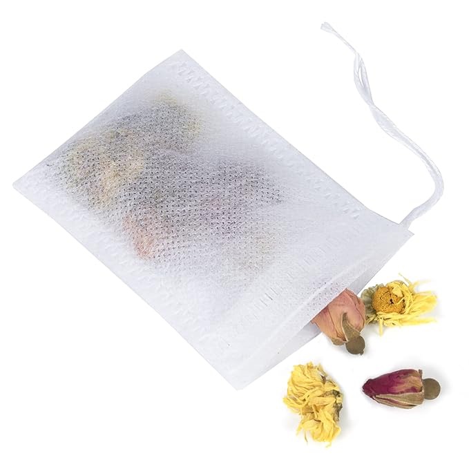 Shen Xiu Disposable Cotton Drawstring Seal Filter — 100 Pieces Empty Tea Filter Bags for Loose Tea with Drawstring (White, 3.54 x 2.75 inches)