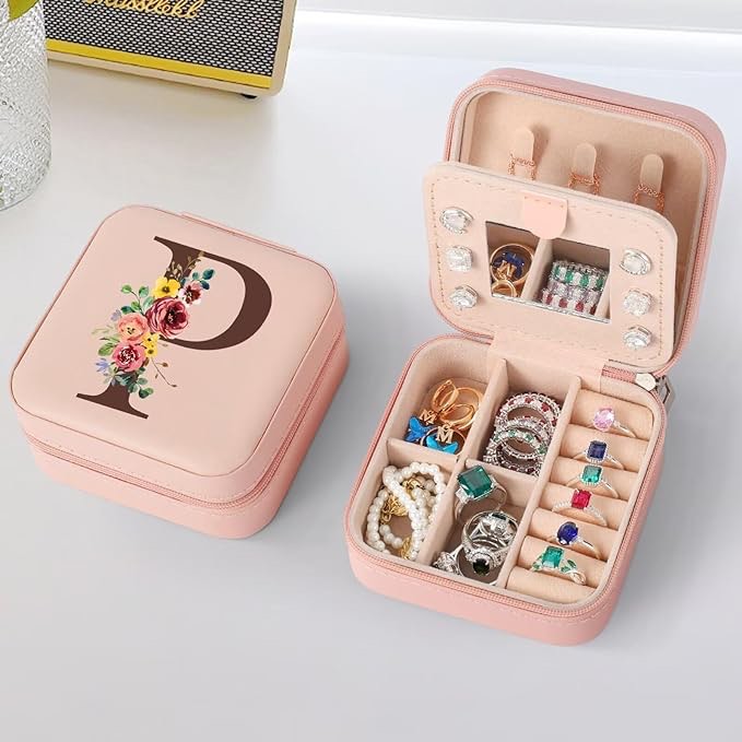 Personalized Jewelry Box Graduation Gifts for Her, Thank You Gifts for Women, Mother's Day Gifts for Women Birthday Gifts for Girlfriend Bestie Mini Jewelry Case Letter P