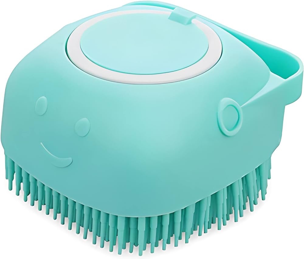Silicone brush for pet bathing ideal for dogs, cats, puppies, kittens, horses, rabbits, guinea pigs and other pets, with shampoo dispenser for massage shower, self-cleaning, ergonomic, hypoallergenic.