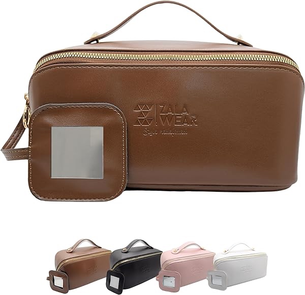 ZALA WEAR Large Capacity Travel Lay Flat Makeup Bag with Mirror – Faux Leather Make Up Traveling Organizer Bag Case for Women – Multifunctional Waterproof Cosmetic Toiletry Skincare Bag, Brown,