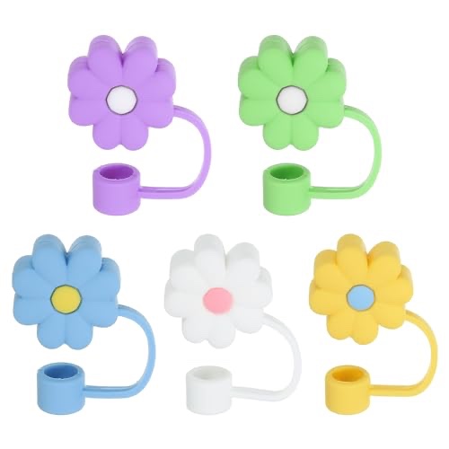PATIKIL 0.4 In/10mm Silicone Straw Cover Cap, 5Pcs Cute Flower Dust-proof Straw Tips Reusable Drinking Straw Caps, 5 Color