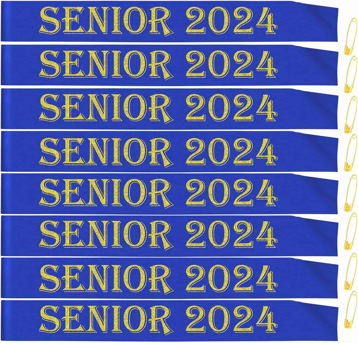 8 Pack Senior 2024 Sash, Gold Glitter Royal Blue Satin Finally Graduated Senior Cheerleader Sashes for Class of 2024 Graduation Party Supplies