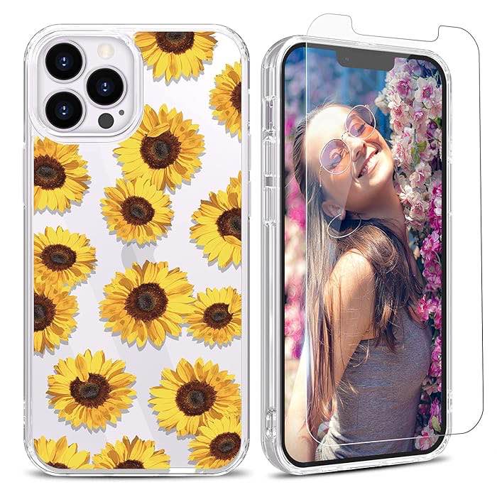 YAYOII Case for iPhone 13 Pro Max with Screen Protector, Clear Floral Patten Design for Women Girls Soft Flexible TPU Shockproof Protective Flower Cover Slim Fit Thin 6.7-inch 2021-Heaven's Sunflower