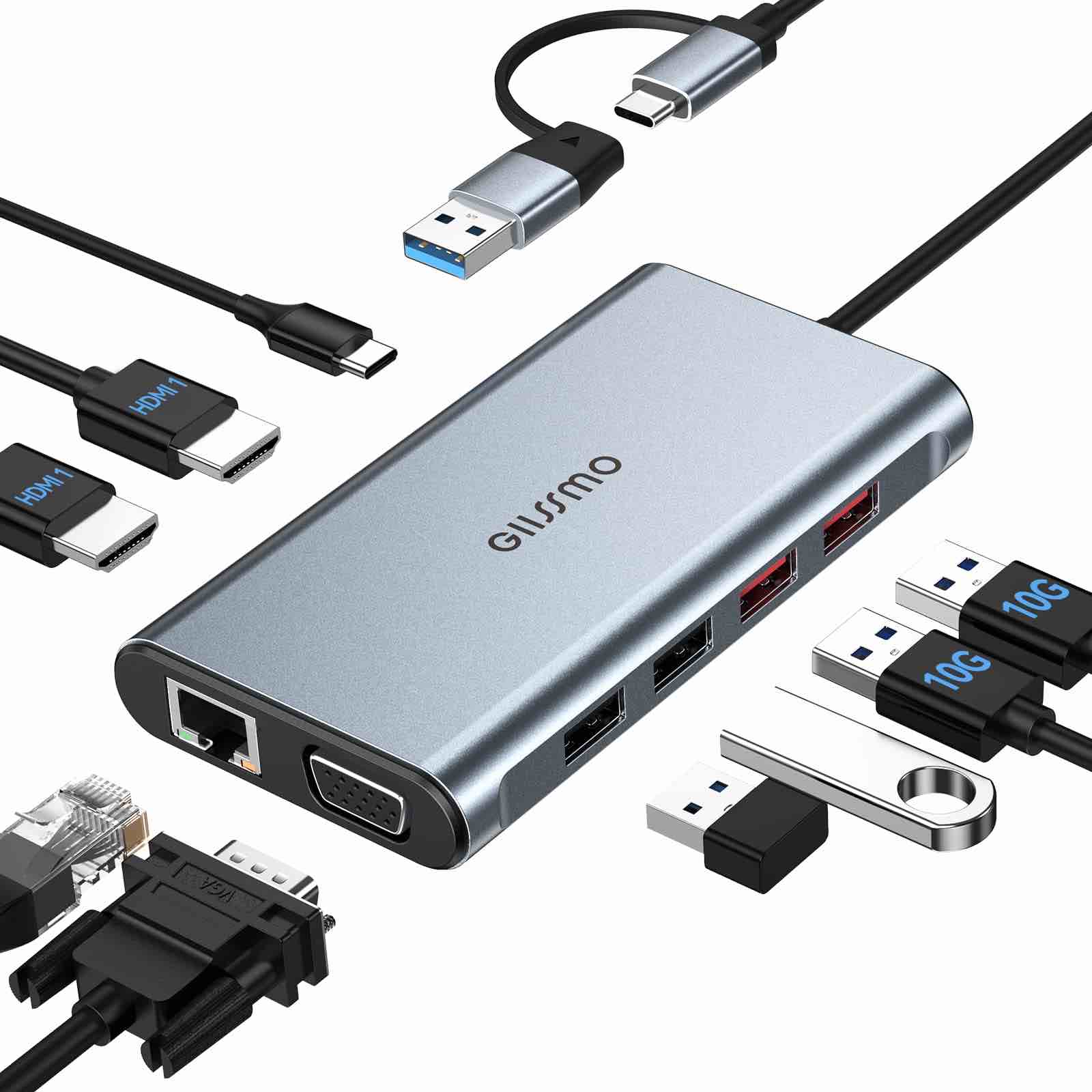 Dual Monitor, GIISSMO  Laptop Docking Station for Windows with 2 HDMI 4K, RJ45, 10Gbps USB C/USB A 3.1, 100W PD, USB 2.0, SD/TF Slots for MacBook/Dell/HP/Lenovo/Surf