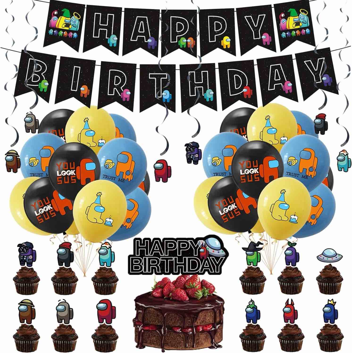 Among Us Party Supplies, Among Us Party Decoration for Kids Birthday Come with Balloons, Cake Topper, Cupcake Topper, Swirls Among Us Stickers Among Us Birthday Party Decoration for Boys and Girls.