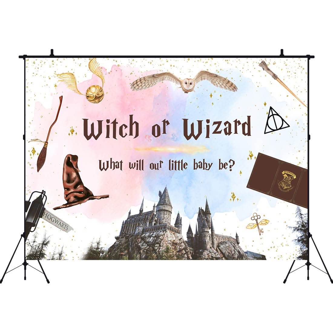 Aperturee 7x5ft Witch or Wizard Gender Reveal Backdrop Magical Boy or Girl Reveal Photography Background Pink or Blue He or She Baby Shower Party Decorations Banner Photo Booth Props