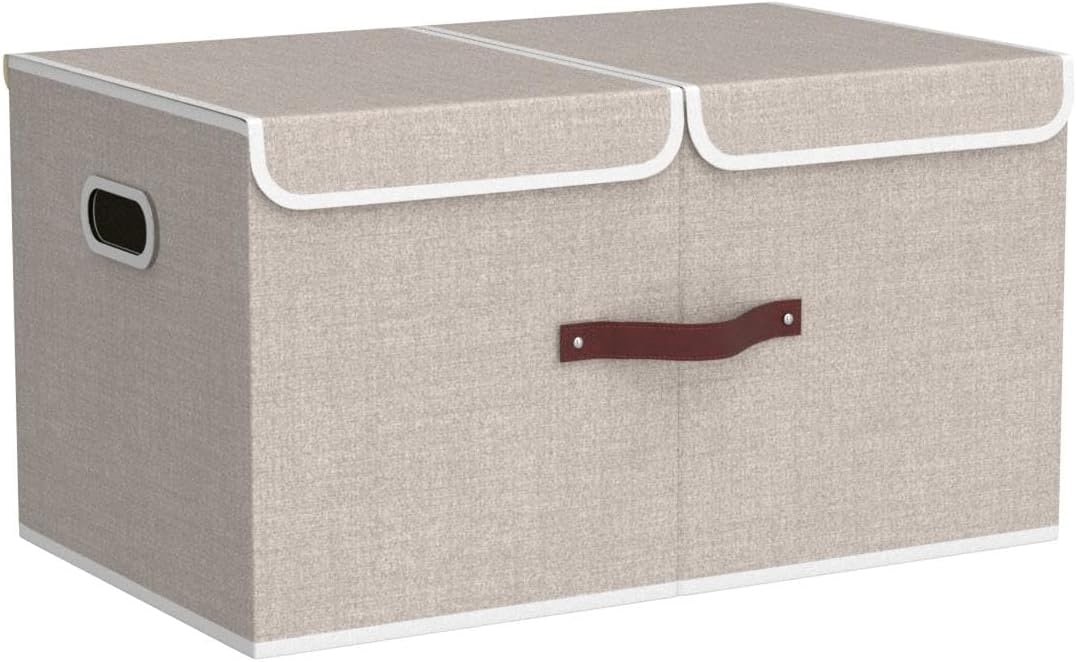 TYEERS Extra Large Collapsible Storage Bins with Lids and Compartments, Washable, Fabric Storage Boxes, 21.7x13x11.8 inches, 1 Pack, Beige