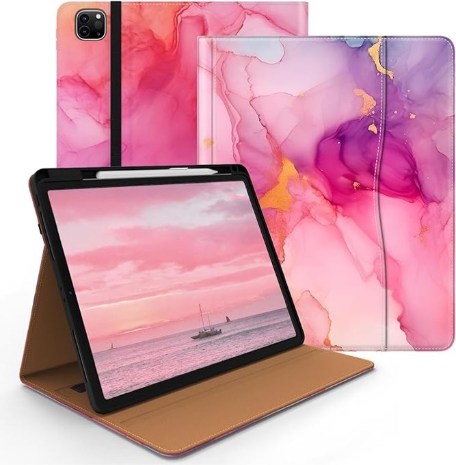 Jarviwiin Case for iPad Pro 12.9 6th/5th/4th/3rd Generation 2022/2021/2020/2018, PU Leather 12.9" Cover with Pencil Holder/Pocket/Multi-Angle Stand, Auto Wake/Sleep,Marble Pink