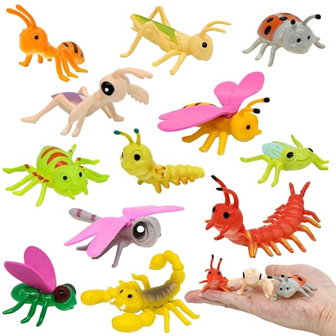 12PCS Fake Bug Toys Figures for Kids, Cute Plastic Insect Animal Figurines, Halloween Party Favor Cake Topper Christmas Birthday Gift