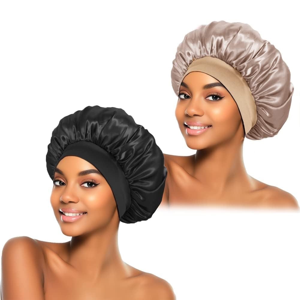 Ocealine 2Pcs Bonnet for Sleeping, Satin Hair Bonnet for Sleeping, Soft Wide Band Bonnets for Women Breathable Silk Hair Wrap Bonnets Curly Hair showercap