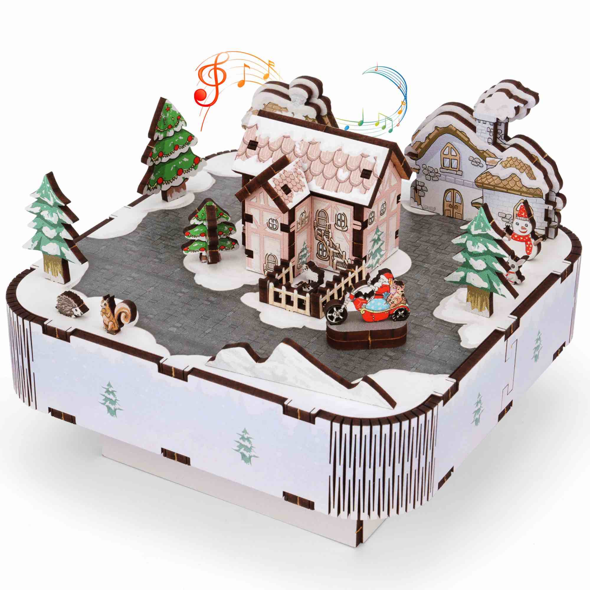 Puzzomix 3D Wooden Puzzles Christmas Village Houses Music Box - Colorful Wood Model Building Kits For Kids Unique Gift For Kids & Adults