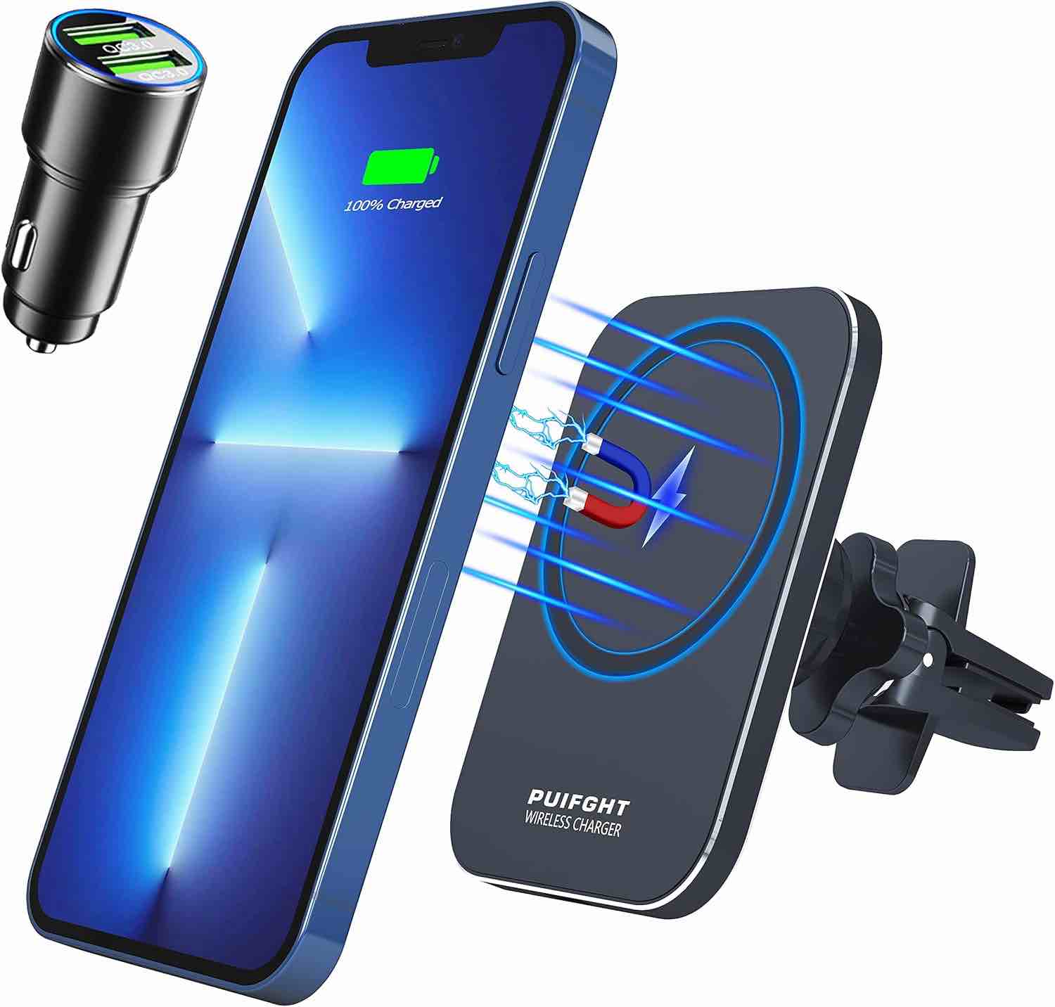 360° rotation wireless magnetic car charger for car phone, car ventilation charger design compatible with iPhone 13/12 Pro Max Mini (with QC3.0 car adapter)