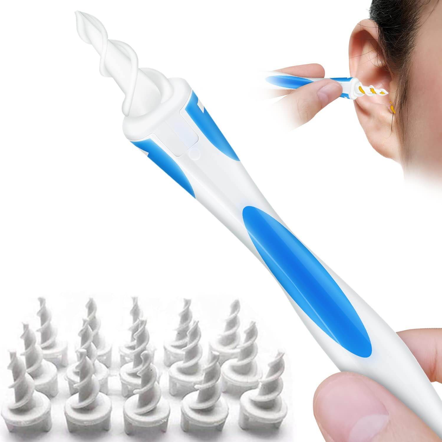 Q-Grips Earwax Remover Safe Ear Wax Removal Tool, Spiral Ear Cleaner with 16 Pcs Soft and Flexible Replacement Tips Ear Wax Remover for Adult and Children