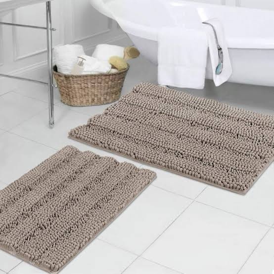 Flamingo P Bath Rugs for Bathroom Non Slip Bathroom Rugs Sets 2 Piece Bath Rug Water Absorbent Washable Bath Mats Feature Thick Striped Chenille Fluffy, 32"x 20"/ 24"x 17", Taupe