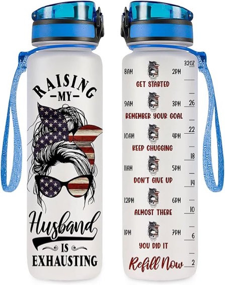 Funny Mothers Day Gifts for Wife, Women Water Bottle with Motivational Time Marker 32 oz, Raising My Husband Is Exhausting, Sarcastic Gifts for Women, Wife Gifts from Husband