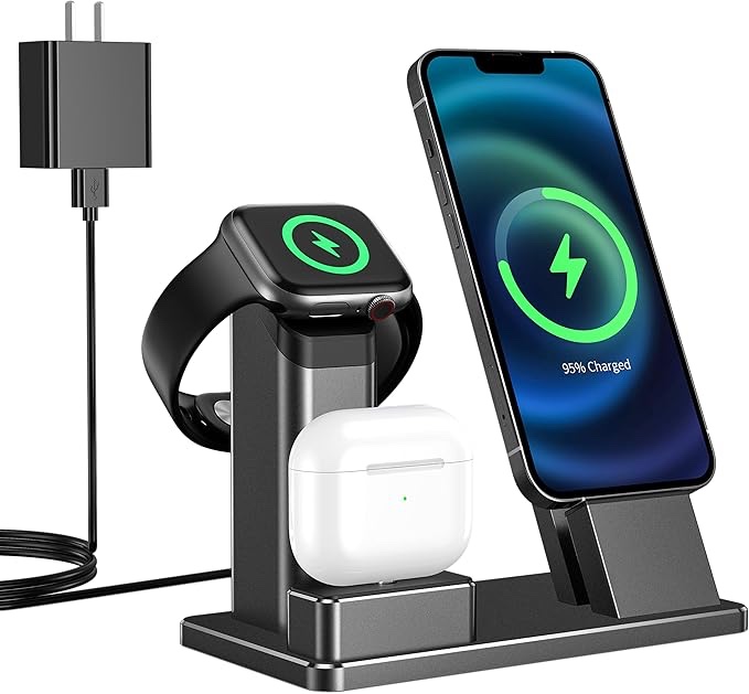 YINIYA 3 in 1 Aluminum Alloy Fast Charging Station for All Apple Watch 8/7/6/5/4/3/SE AirPods Pro Charging Stand Dock for All iPhone series14/13/12//11 Pro Max/Xs/XR/Mini (Without iwatch Cord)