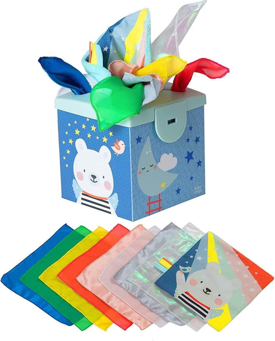 Baby steps magic tissue box & baby tissue box toy Colorful Montessori Scarves & sensory crinkling Blankie, for Toddler, Infants, Newborns and Kids Educational Preschool Learning, 12 months & up