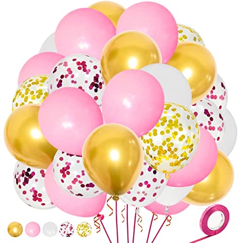 Pink White Gold Latex Balloons Kit 12 Inch, Pink Gold Confetti Balloons Party Decoration Supplies for Girl‘s Birthday Baby Shower valentines day.51pcs……
