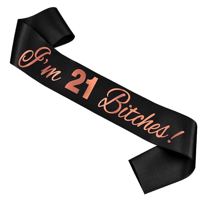 'I'm 21 Bitches' 21st Birthday Sash, Black Satin Sash with Rose Gold Foil Lettering Birthday Sash for Girls 21st Birthday Party Decorations Favors, Black+Rose Gold