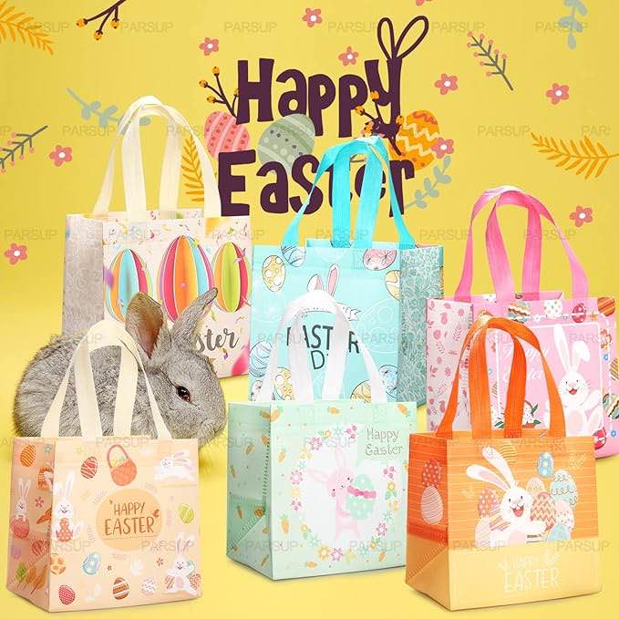 DOMKIER 6 Pieces Easter Egg Hunt Bags — Happy Bunny Carrot Chick with Handles (Design Varies)