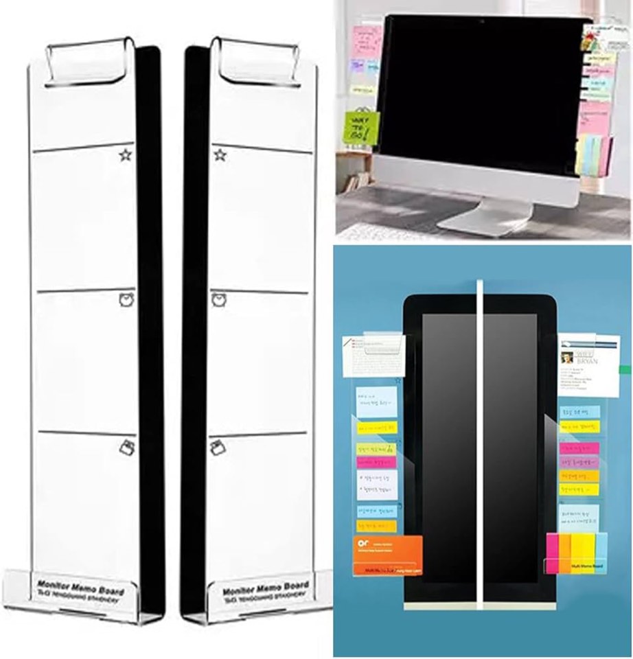 Monitor Memo Board — Panel for Computer Screen Phone Holder (Left & Right) — 2 Pieces Acrylic Sticky Note Holder, Message Notepad Memo Holder (Transparent)