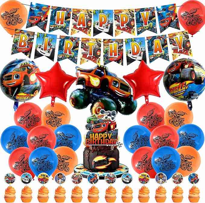37 Pcs Blaze and the Monster Machine Birthday Party Decorations,Party Supply Set for Kids with 1 Happy Birthday Banner Garland, 12 Cupcake Toppers, 5 Foil Balloons,18 Balloons for Party Decorations