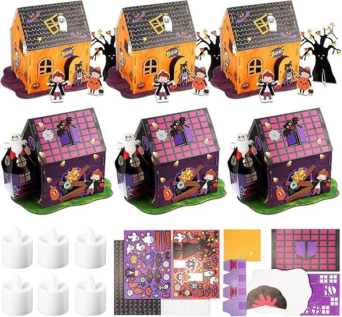 Yunsailing 6 Halloween Art and Craft Kit Halloween Haunted House Craft Kit for Kids with LED Lights DIY Halloween Craft House for Girls Boys Halloween Party Games Fun Activity Craft Supplies