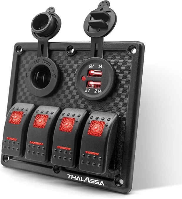 4 Gang 12V Rocker Switch Panel for RV Marine Car Vehicles Truck Boat Waterproof, Digital Voltmeter Display Dual USB Charger Port DC 12V Socket 12/24V Lighted Switch with 15A Fuse