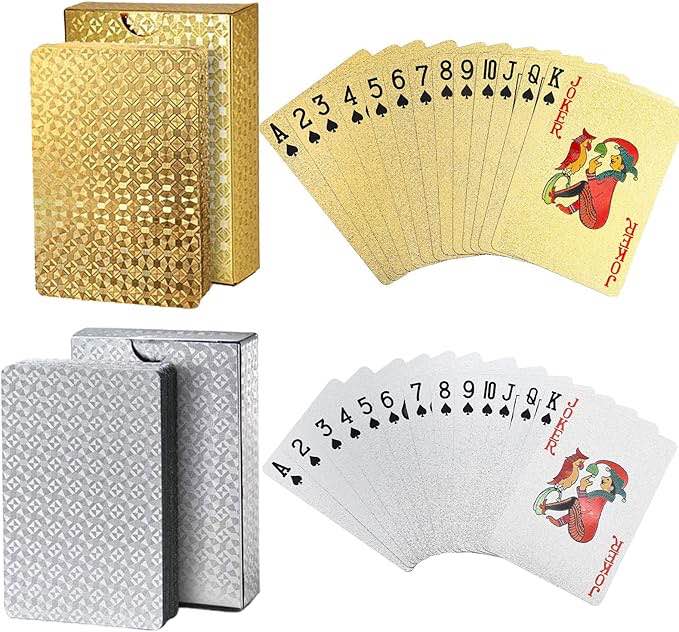 MaseiKar 2 Decks Plastic Water Resistant 52 Luxury Poker Playing Cards Deck for Table Game Gold/Silver Pattern Classic Unique Trick Cards