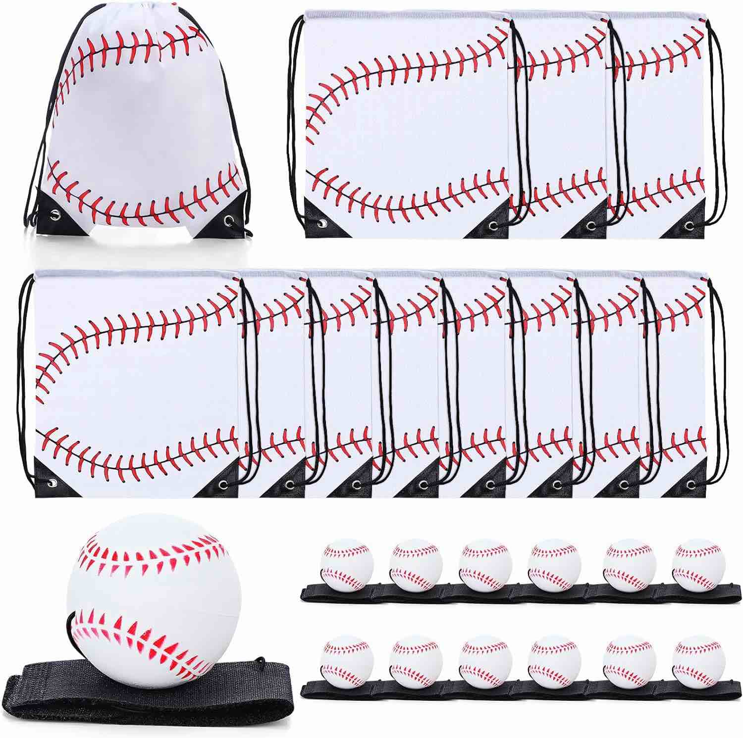 MiniInflat 12 Pcs Drawstring Bags with 12 Pcs Wrist Return Ball 10 x 12 Inch Basketball Baseball Bag Backpack Wrist Balls on a String Leather