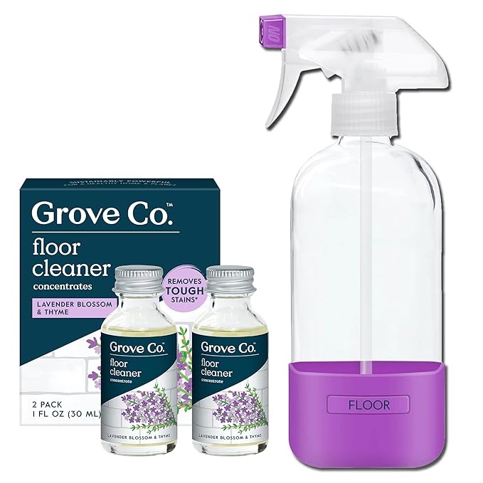 Grove Co. Floor Cleaner Refill Concentrate (2 x 1 Oz) + 1 x Durable Glass Spray Bottle (16 Oz) Plant-Based Cleaning Supplies Bundle, No Plastic Waste, 100% Natural Lavender & Thyme Scent