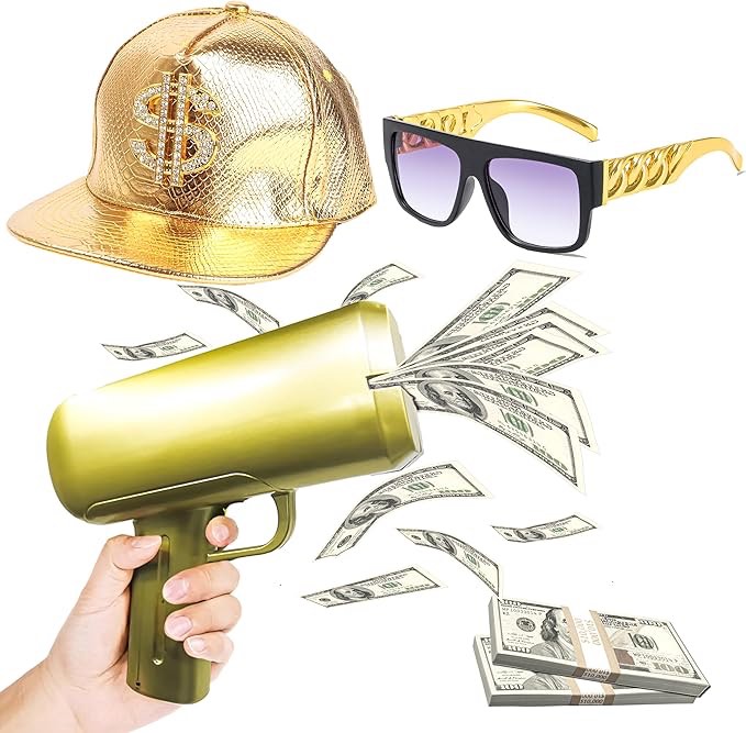 Make it Rain Costume | 80s/90s Hip Hop Costume Kit with Cash Cannon | Gold Cap Dollar Sign & Sunglasses | For Party, Movie, Game | Millionaire Costume Outfit For Men & Women