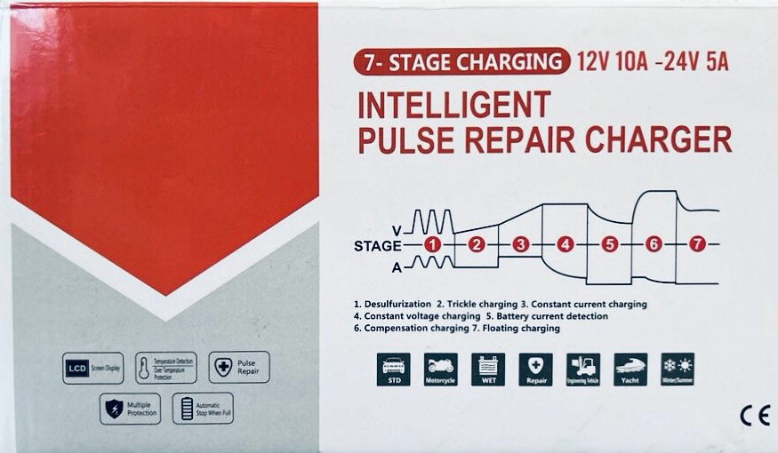 Intelligent Pulse Repair Charger - 7-Stage Charging, 12V 10A - 24V 5A