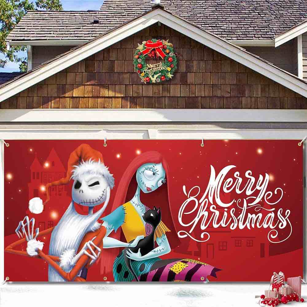 Jack Sally Christmas Garage Door Banner — 16 x 7 ft Nightmare Before Christmas Garage Decorations, Holiday Merry Christmas Door Cover Backdrop, Background for Photo Christmas Party Outdoor Banner