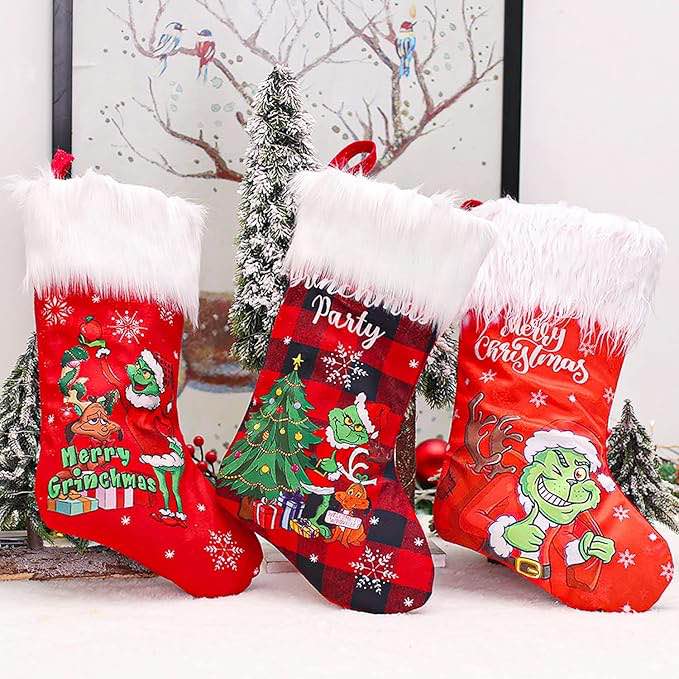 The Grinch Christmas Stockings for Christmas Ornament Decorations Gifts (Red) 