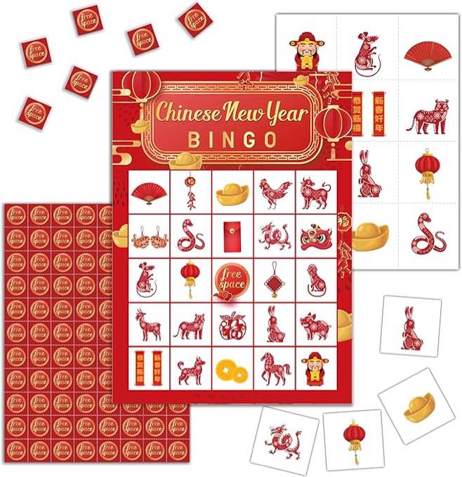 Chinese New Year Bingo Cards, Bingo Game for Adults, Lunar New Year Party Games, 24 Player Bingo Game Sets for Adults, Birthday, New Years Party, Outdoor Indoor Games, C007